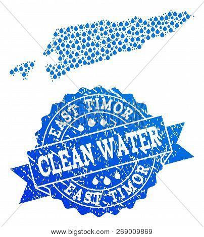 Map Of East Timor Vector Mosaic And Clean Water Grunge Stamp. Map Of East Timor Created With Blue Wa