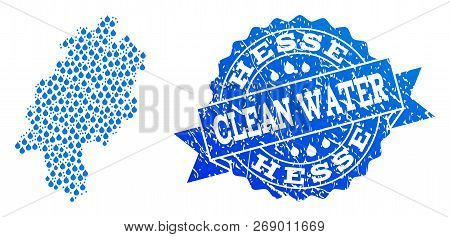 Map Of Hesse State Vector Mosaic And Clean Water Grunge Stamp. Map Of Hesse State Created With Blue 