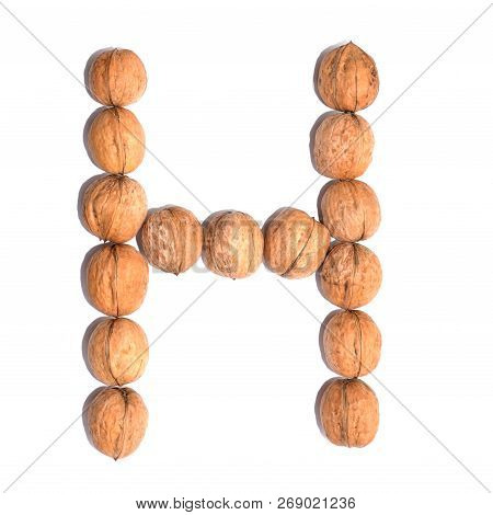 Letter H Made With Nuts To Form A Letter Of The Alphabet. Fruit Letters On A White Background.