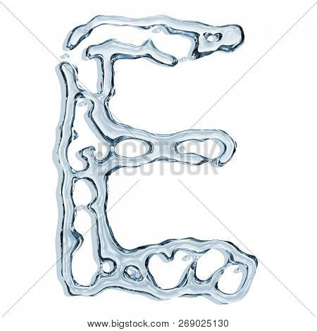 Letter E from clear transparent bluish water droplets. Isolated on white background. 3d rendering.