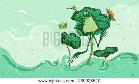The Frog On A Lotus Leaf Relaxed Have A Crown On The Head, Illustrations For Books, Cards, Wallpaper