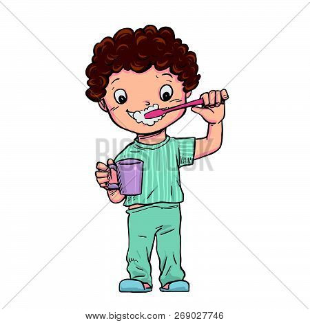 The Boy Stood Brushing Their Teeth And Holding A Glass Of Water.