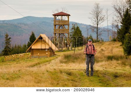 Autumn Landscape With Tourists Taken In Polish Beskidy Mountains, Grabowa.