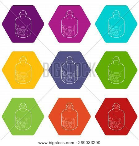 Ethanol In Bottle Icons 9 Set Coloful Isolated On White For Web