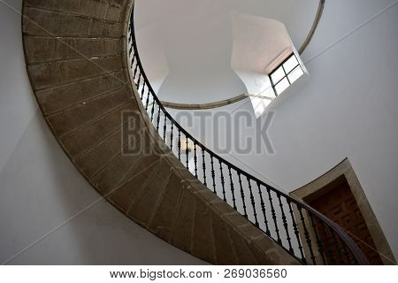 Santiago De Compostela, Spain. September 2018. Triple Helical Stone Staircase, Top And Lookout. San 