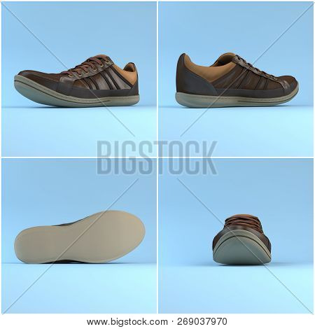 Set Of Leather Brown Shoes With Laces. 3d Rending. Sneakers.