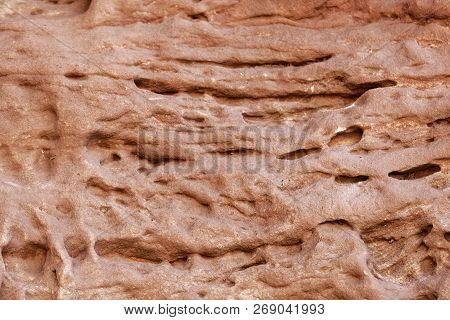 Tafoni Weathering In Red Natural Sandstone Wall.