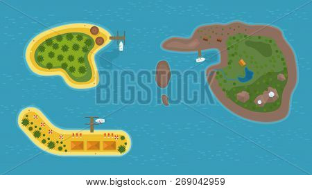 Paradise Islands Vector. Flat Design Background. Colorful And Sunny. Boats Sea Beach And Mountains. 