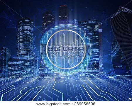 Big Data Concept. Digital Circuit Line On Blue Night City Background With Motherboard Connectors, Te