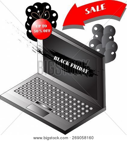 Isometric Sale Banner For Black Friday With Notebook And Baloon