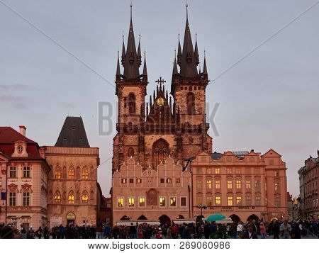 Prague, Czech Republic - November 01, 2018  Church Of Our Lady Before Týn From Old Town Square At Su