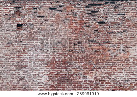 Kronstadt, Russia - 20 August 2017: Old Red And White Brick Wall Texture Background.