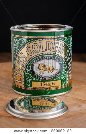 Wrexham United Kingdom - March 11 2016: Lyles Golden Syrup Invented By Abram Lyle With Its Distincti
