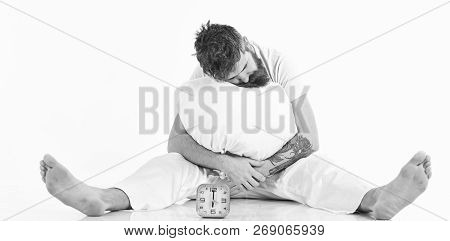 Man With Tattoo Fall Asleep While Sitting, White Background.