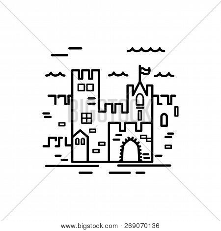Castle Logo Design. Line Style Vector Illustration. Travel Concept. Kingdon Symbol. Vector Label For