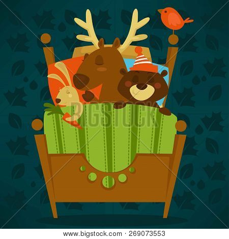 Animals Sleeping In Bed Fairytale Pets Asleep Set Vector.