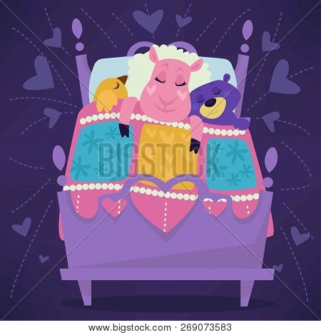 Animals Sleeping In Bed Fairytale Pets Asleep Set Vector.