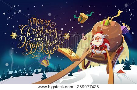 Santa In A Winter Village Riding On A Sleigh In The Winter Forest. Polar Lights Background. Merry Ch
