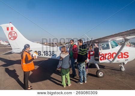 Nazca, Peru - May 31, 2015: Small Airplane On An Airstrip Of Nazca. This Plane Is Waiting To Take To