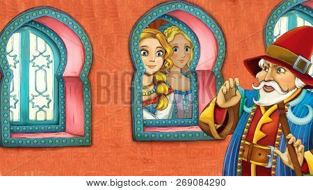 Cartoon Scene With Medieval Arabic Room With Prince Or King And Princess Or Queen - Far East Ornamen