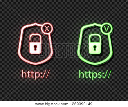 Vector Neon Icons: Http And Https Protocols With Lock, Green And Red Bright Symbols, Check And Cross