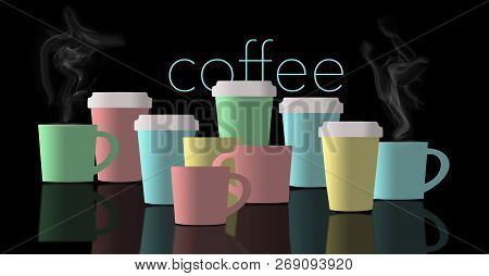 Here is an illustration of cups of coffee with pastel colors and steam.