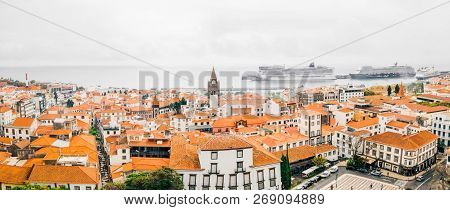 July 10, 2018. Funchal, Madeira. Beautiful Aerial View Of The Funchal Town Clock Tower - The Cathedr
