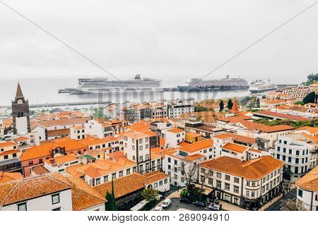 July 10, 2018. Funchal, Madeira. Beautiful Aerial View Of The Funchal Town Clock Tower - The Cathedr