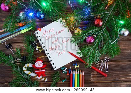 New Year For Office Workers. Notepad With Congratulations. Happy New Year And Merry Christmas! 2019.