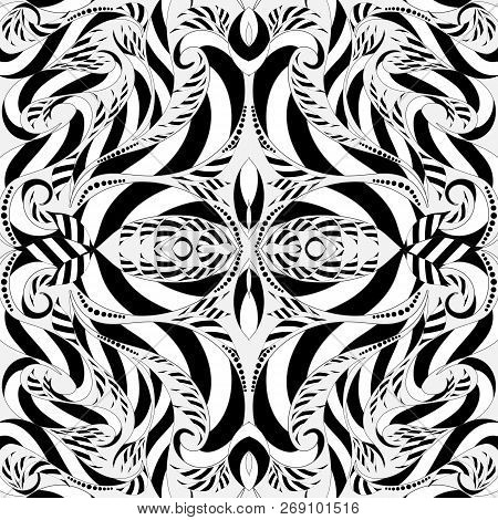Striped Black And White Vector Floral Seamless Pattern. Monochro