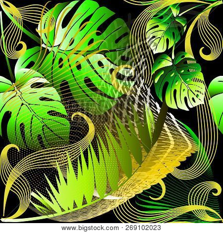 Modern Abstract Green Palm Leaves Vector Seamless Pattern. Ornam