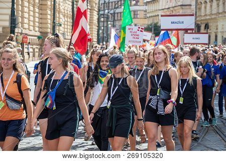 Prague, Czech Republic - July 1, 2018: International Visitors Parading At Sokolsky Slet, A Once-ever