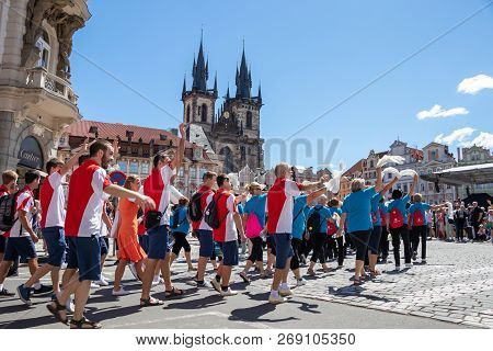 Prague, Czech Republic - July 1, 2018: People Parading At Sokolsky Slet, A Once-every-six-years Gath