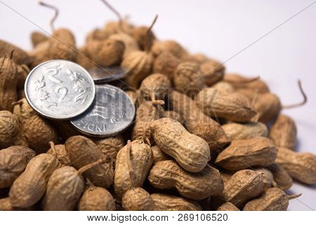 Close Up Of Peanuts Or Groundnuts With Indian Coins On Isolated Background