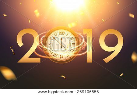 2019 New Year Shining Background With Clock. Happy New Year 2019 Celebration Decoration Poster, Fest
