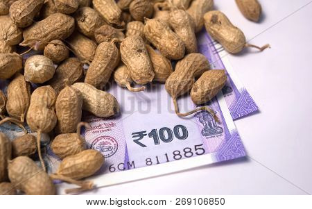 Close Up Of Peanuts Or Groundnuts With Indian Currency Below On Isolated Background.