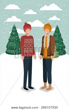 Couple Of Men In Snowscape With Winter Clothes Vector Illustration Design