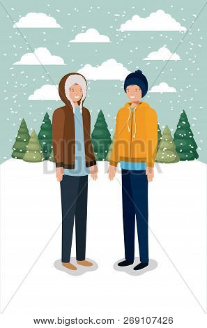 Couple Of Men In Snowscape With Winter Clothes Vector Illustration Design