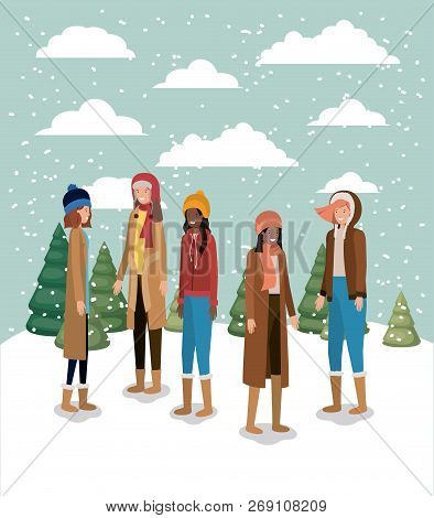 Group Of Women In Snowscape With Winter Clothes Vector Illustration