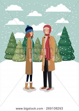 Couple Of Women In Snowscape With Winter Clothes Vector Illustration