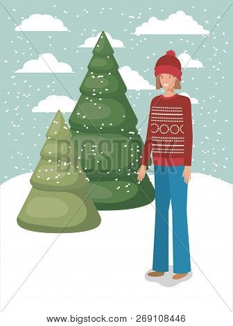Woman In Snowscape With Winter Clothes Vector Illustration Design