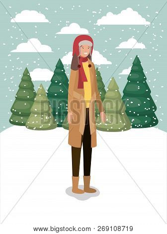 Woman In Snowscape With Winter Clothes Vector Illustration Design
