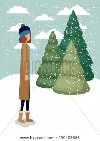 Woman In Snowscape With Winter Clothes Vector Illustration Design