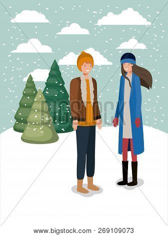 Couple In Snowscape With Winter Clothes Vector Illustration Design