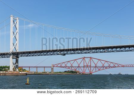 Two Bridges Over Firth Of Forth Near Queensferry In Scotland