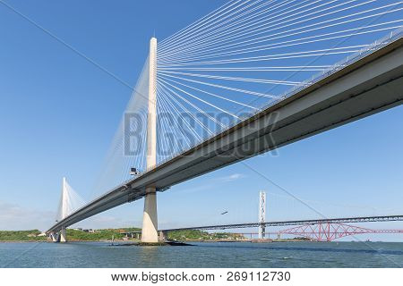 Three Bridges Over Firth Of Forth Near Queensferry In Scotland