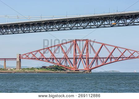 Two Bridges Over Firth Of Forth Near Queensferry In Scotland