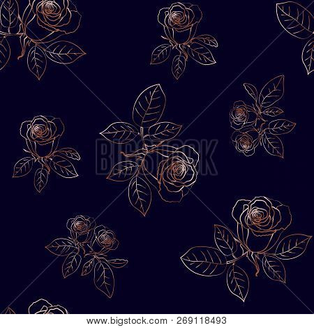 Seamless Pattern With Roses On Dark Background. Vector Illustration