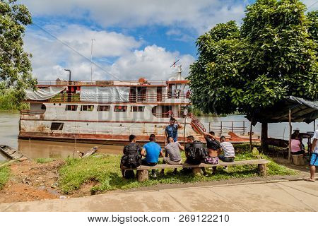 Pantoja, Peru - July 12, 2015: Cargo Boat Arabela I Plies River Napo, Peru