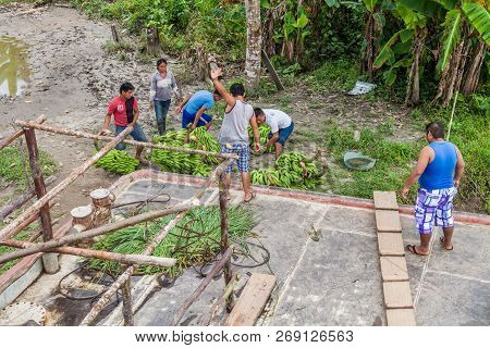Napo, Peru - July 14, 2015: Cargo Deck Of A Boat Arabela I Which Plies River Napo, Peru. The Crew Bu